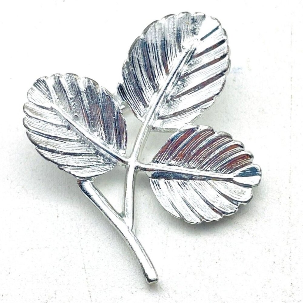 SARAH COVENTRY Triple Leaf Branch Pin Silver Tone Nature Garden Trees Flowers